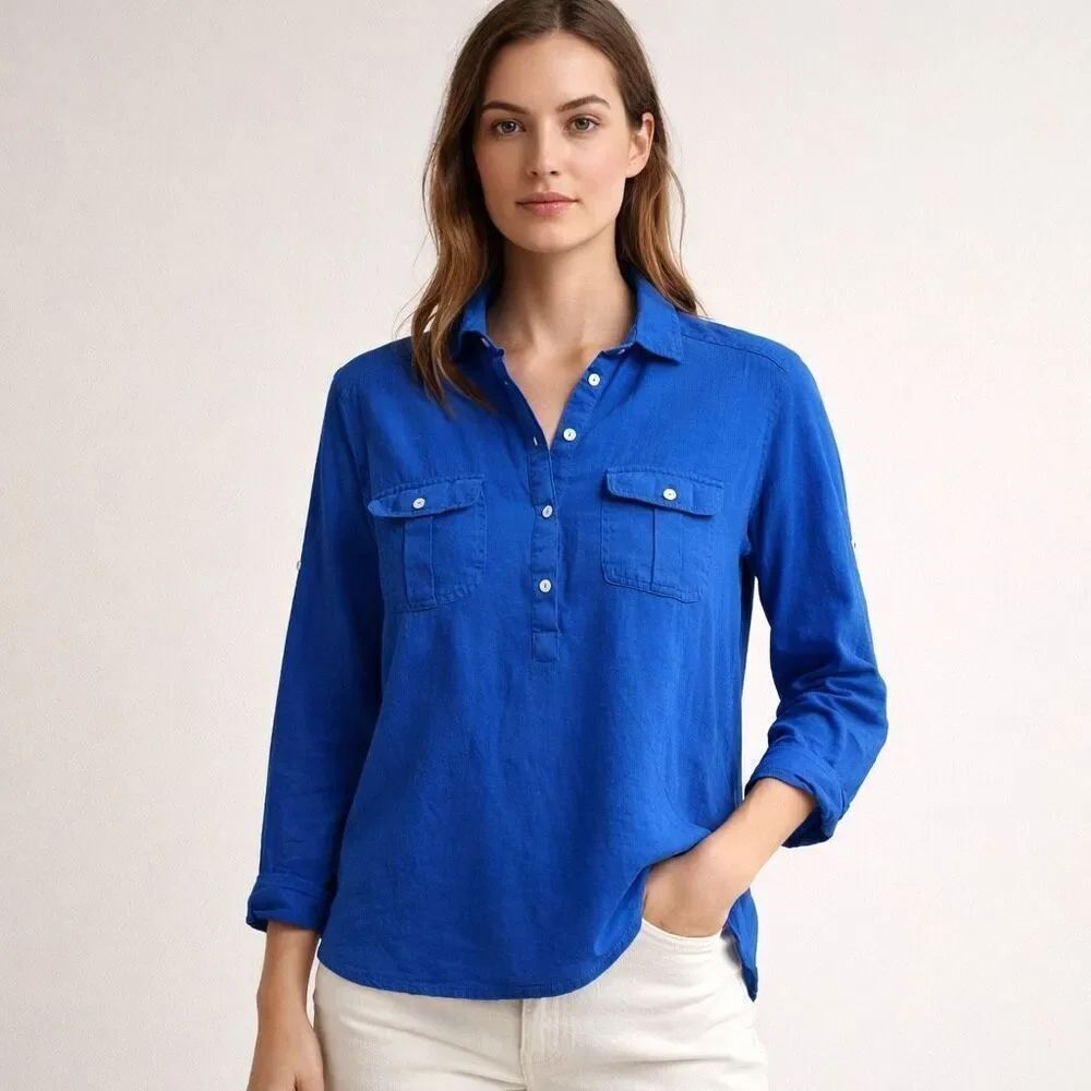 Zara Blue Cotton Popover Blouse Womens Small Utility Shirt